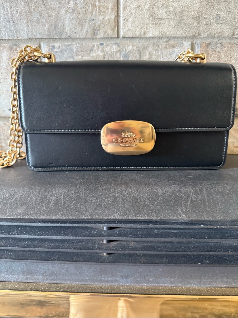 Coach Black Leather Eliza Chain Shoulder Bag with Gold Hardware
